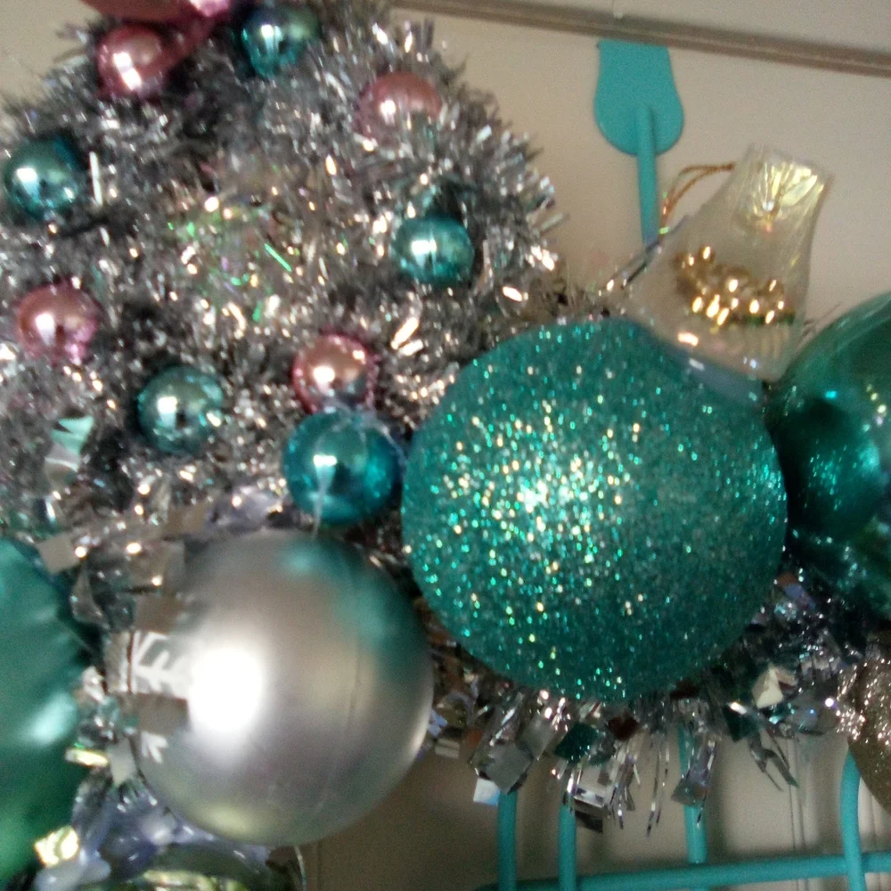 Shabby Blue Silver Gold Vintage Ornaments Holiday Wreath Handmade